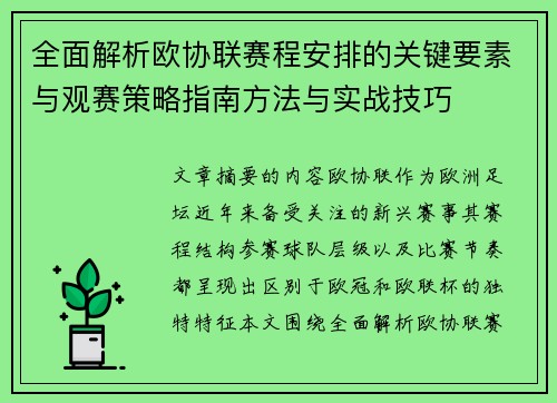 全面解析欧协联赛程安排的关键要素与观赛策略指南方法与实战技巧